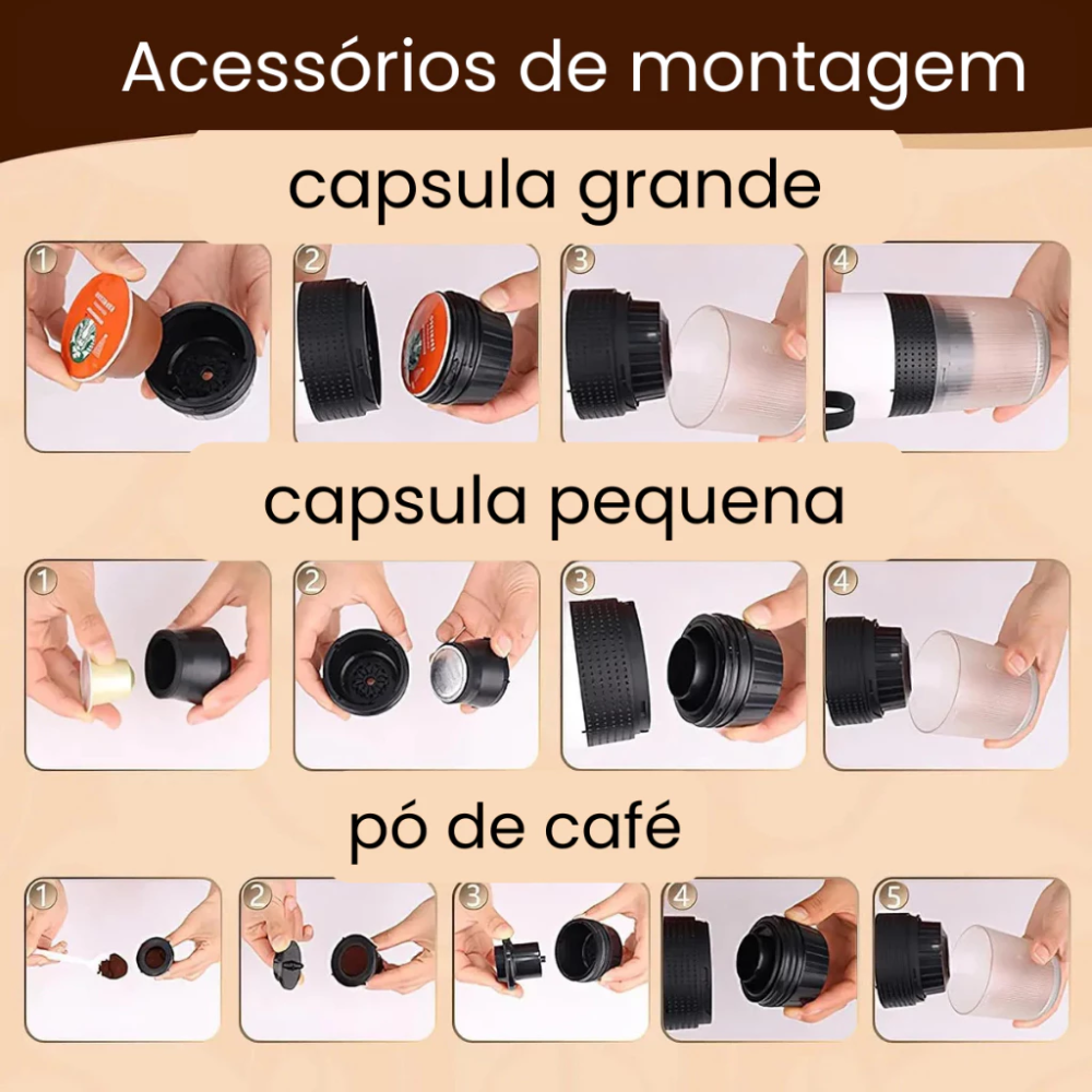 Cafeteira Expresso Portátil Elétrica 3 em 1 - Uso Viagem
