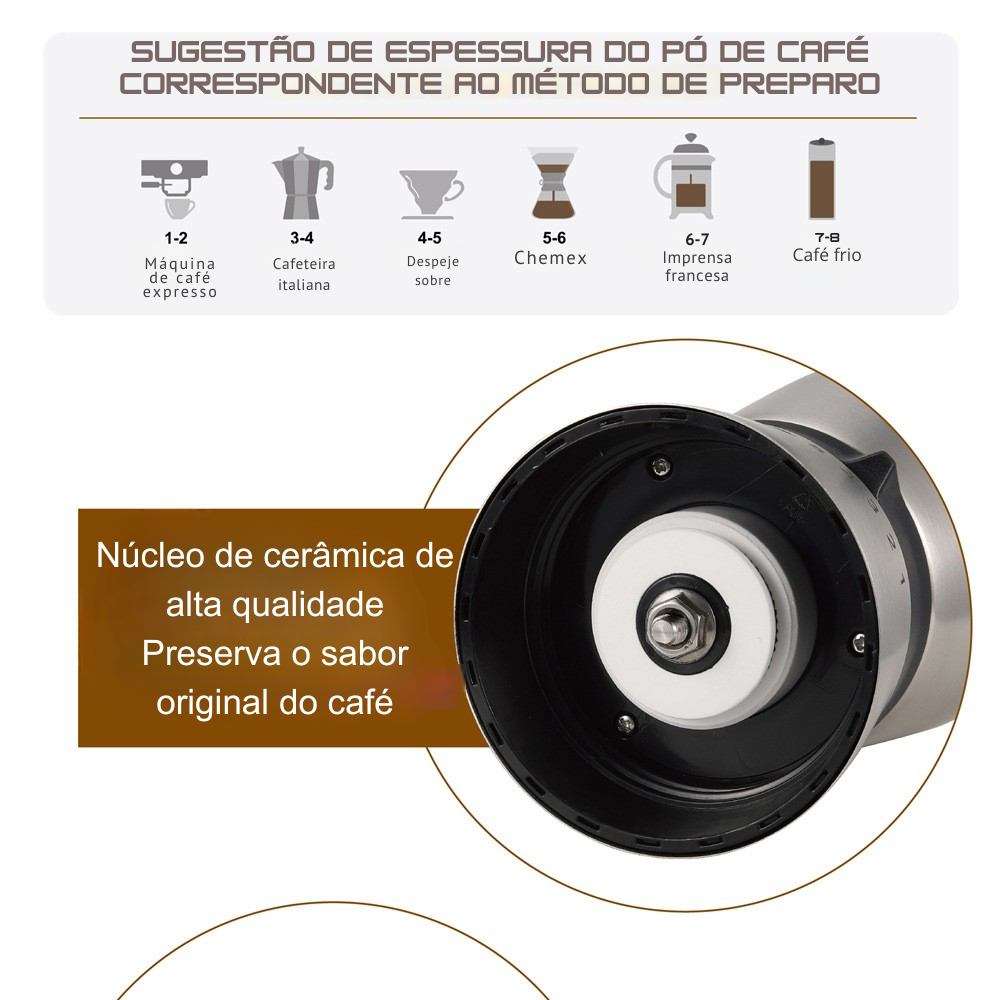 Moedor de Café Manual Ajustável - Design Retrô em Inox